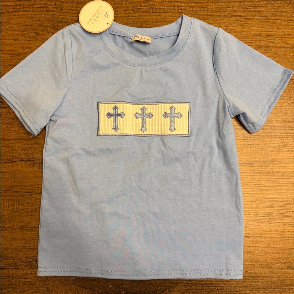 Light Blue Short Sleeve Tee with Cross Smocking